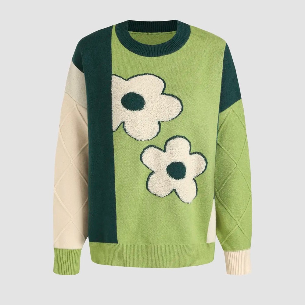 Cider Green & Cream Floral Colorblock Crewneck Sweater